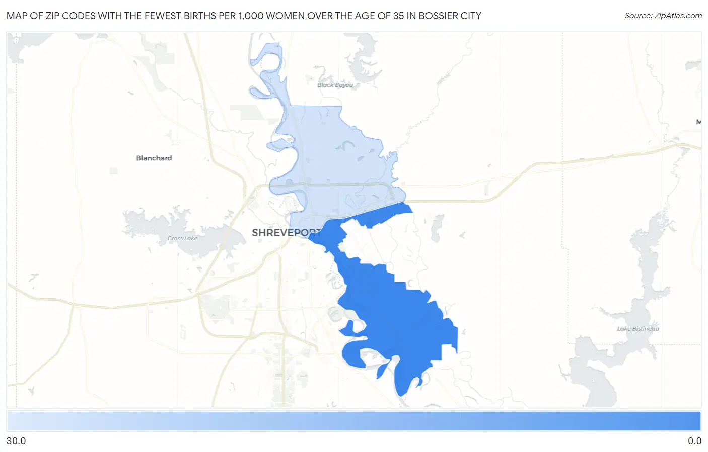 Zip Codes with the Fewest Births per 1,000 Women Over the Age of 35 in Bossier City Map