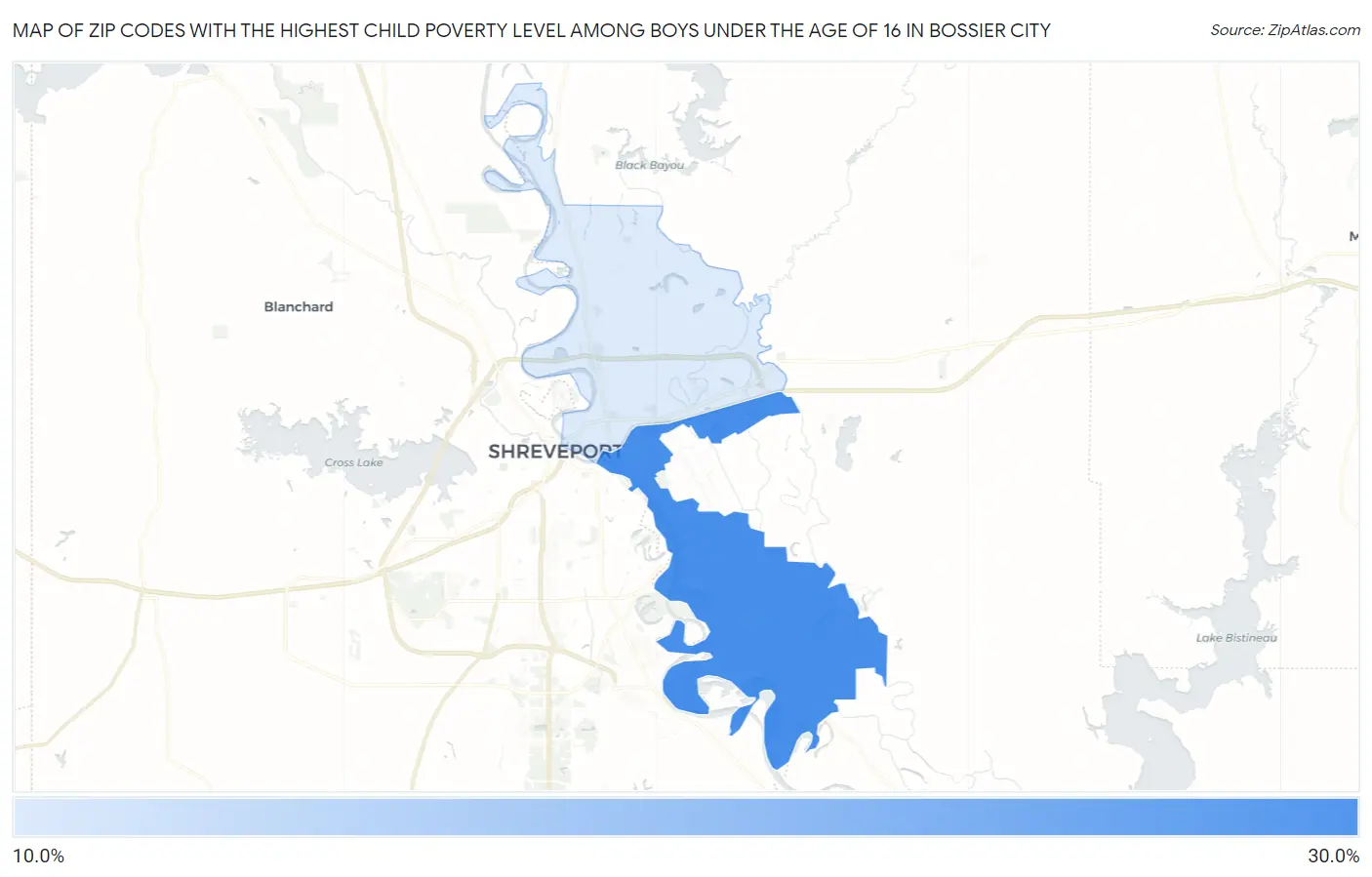 Zip Codes with the Highest Child Poverty Level Among Boys Under the Age of 16 in Bossier City Map