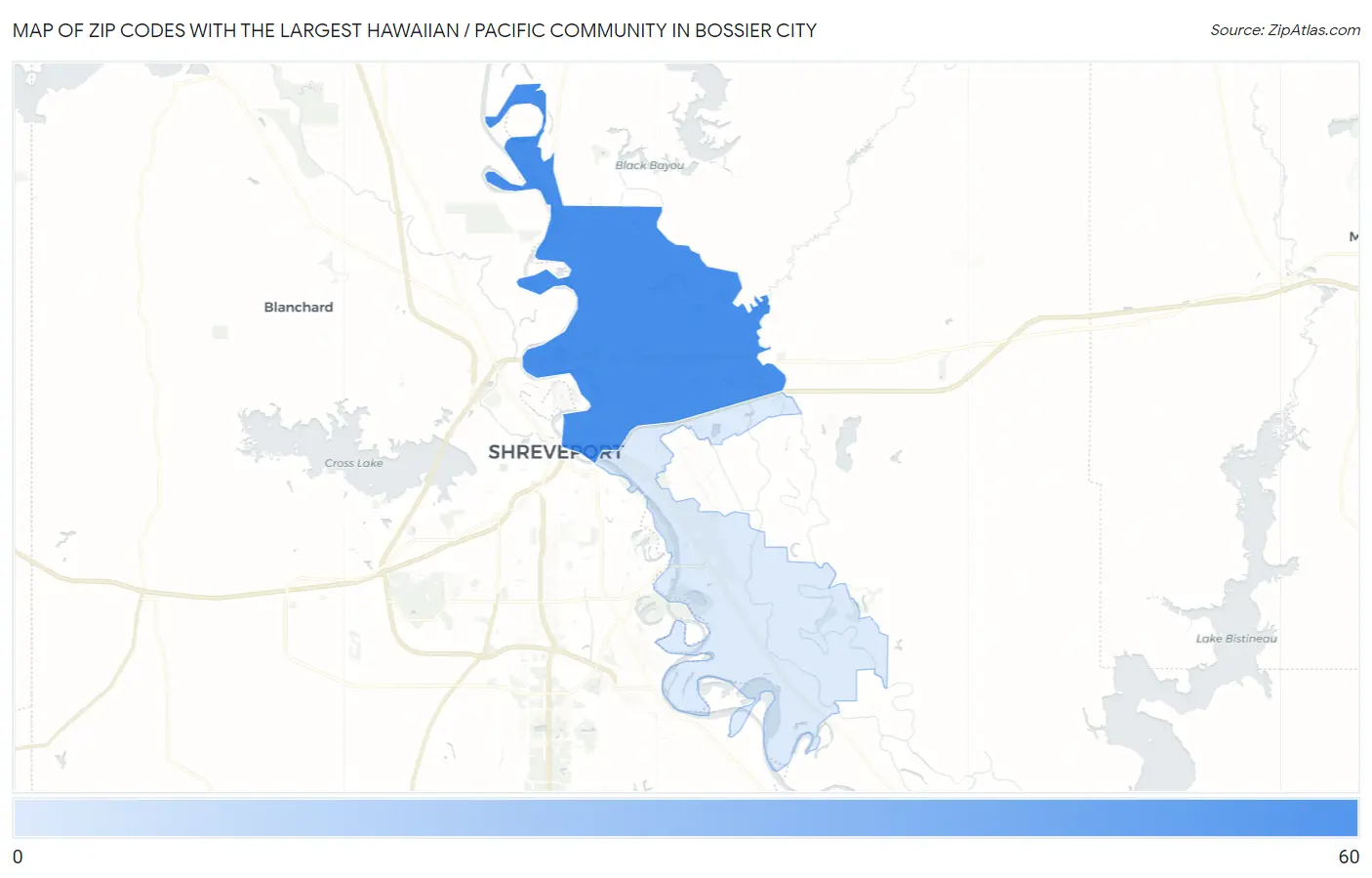 Zip Codes with the Largest Hawaiian / Pacific Community in Bossier City Map