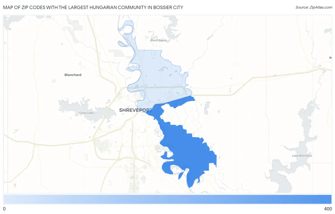 Zip Codes with the Largest Hungarian Community in Bossier City Map