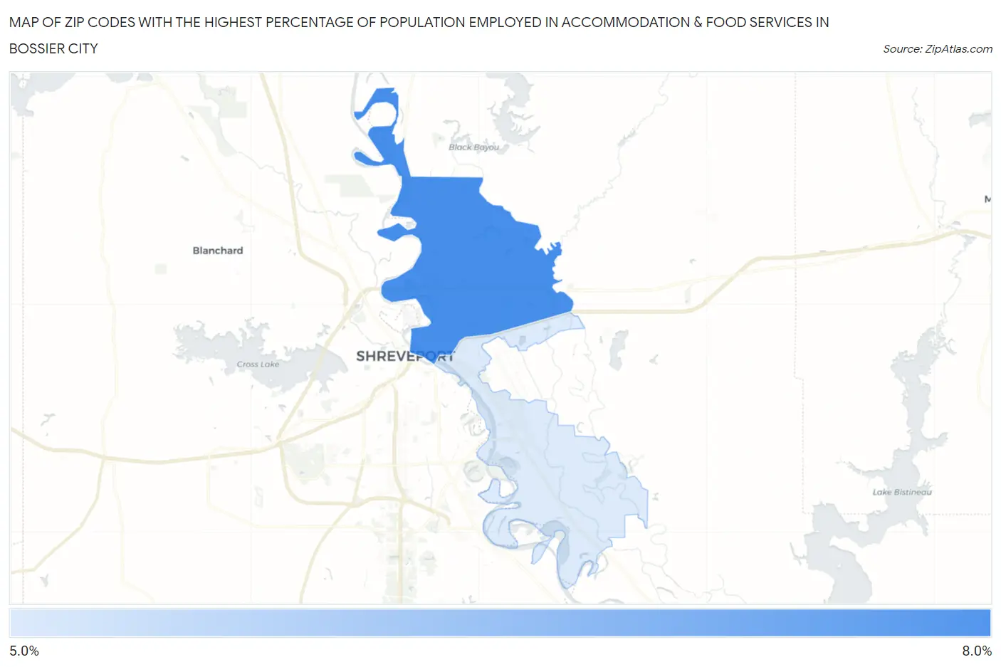 Zip Codes with the Highest Percentage of Population Employed in Accommodation & Food Services in Bossier City Map