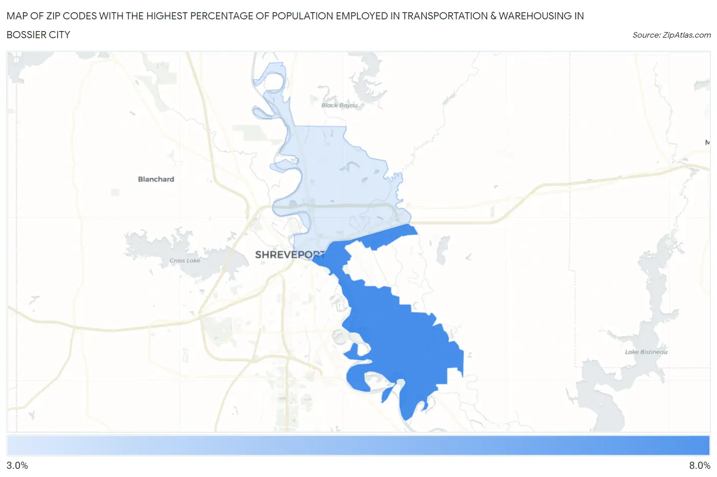 Zip Codes with the Highest Percentage of Population Employed in Transportation & Warehousing in Bossier City Map