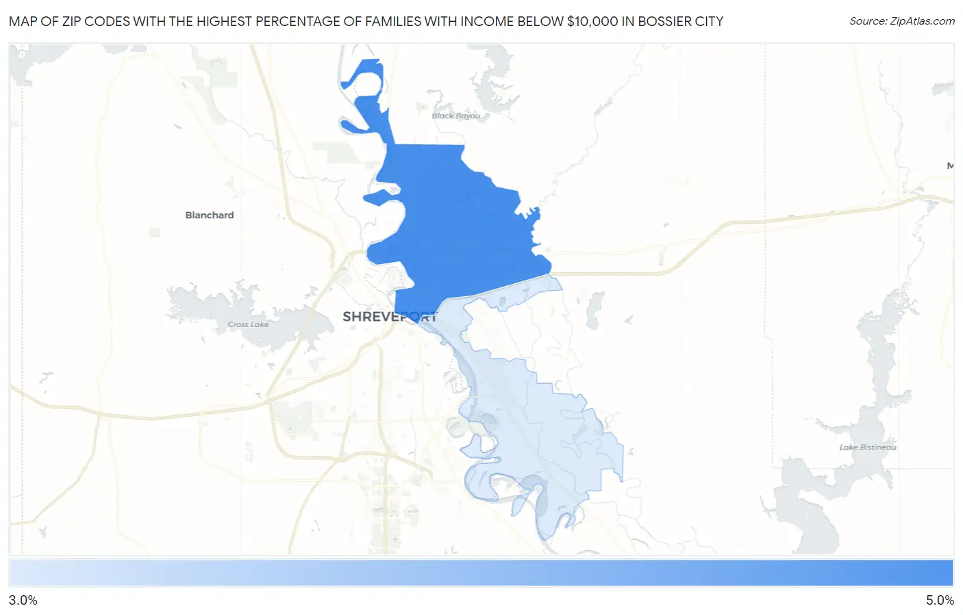 Zip Codes with the Highest Percentage of Families with Income Below $10,000 in Bossier City Map