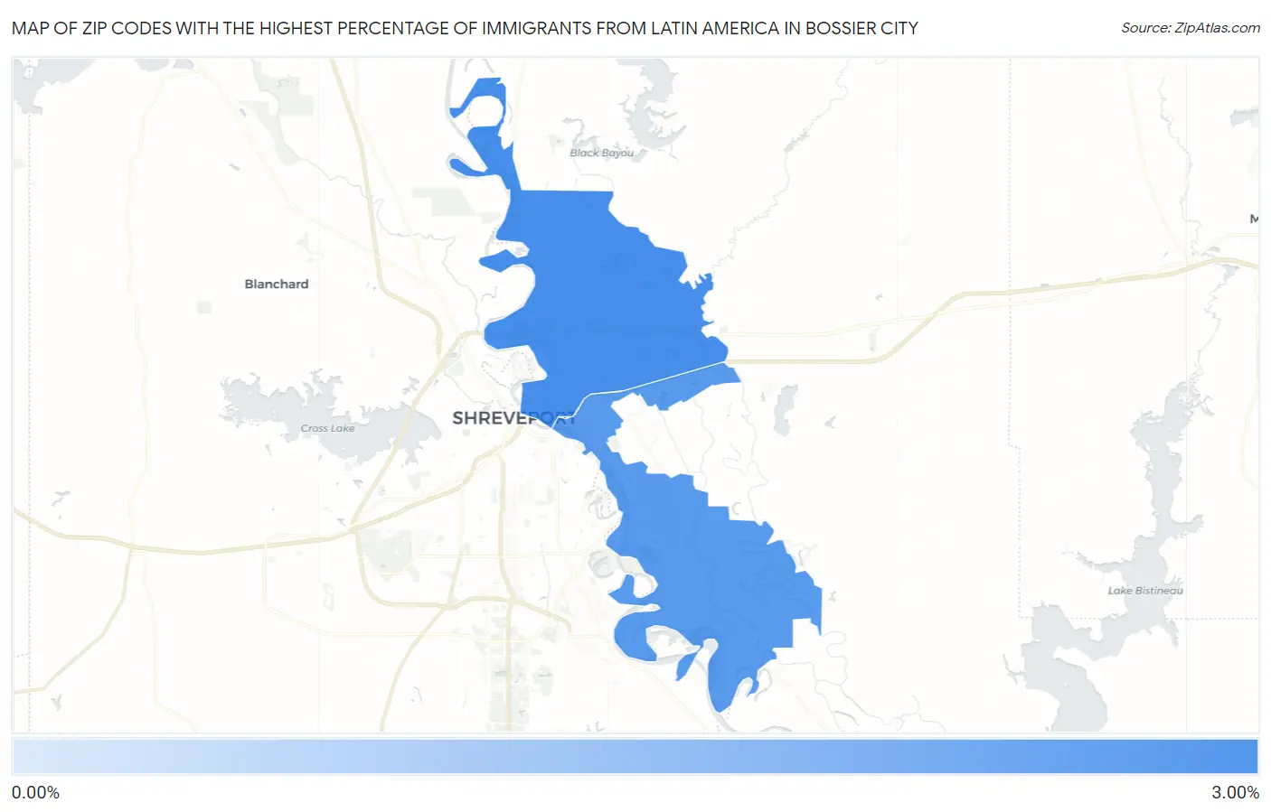 Zip Codes with the Highest Percentage of Immigrants from Latin America in Bossier City Map