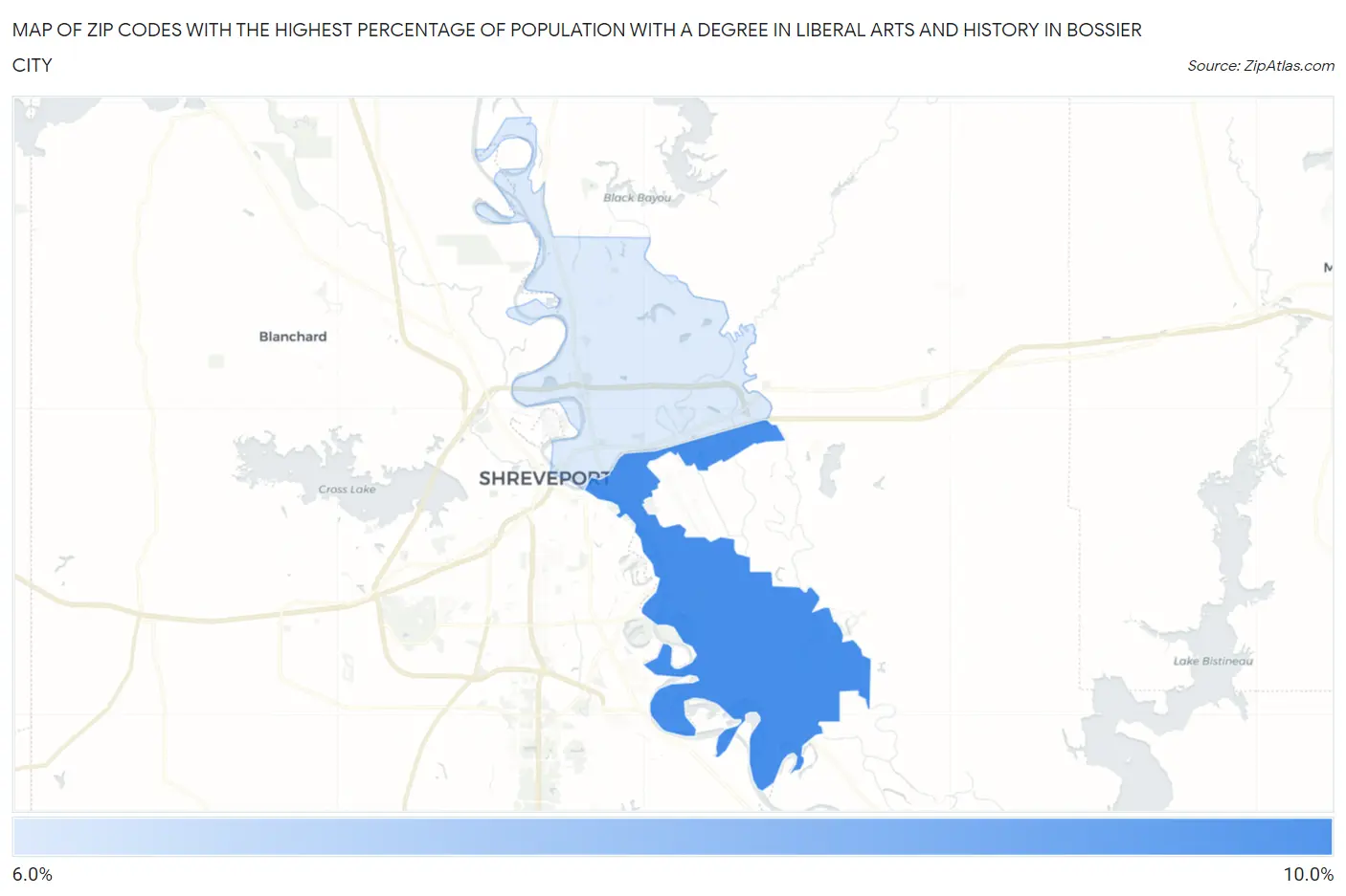 Zip Codes with the Highest Percentage of Population with a Degree in Liberal Arts and History in Bossier City Map