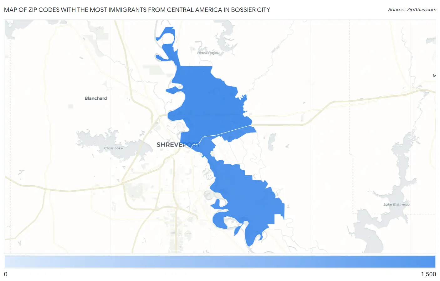 Zip Codes with the Most Immigrants from Central America in Bossier City Map