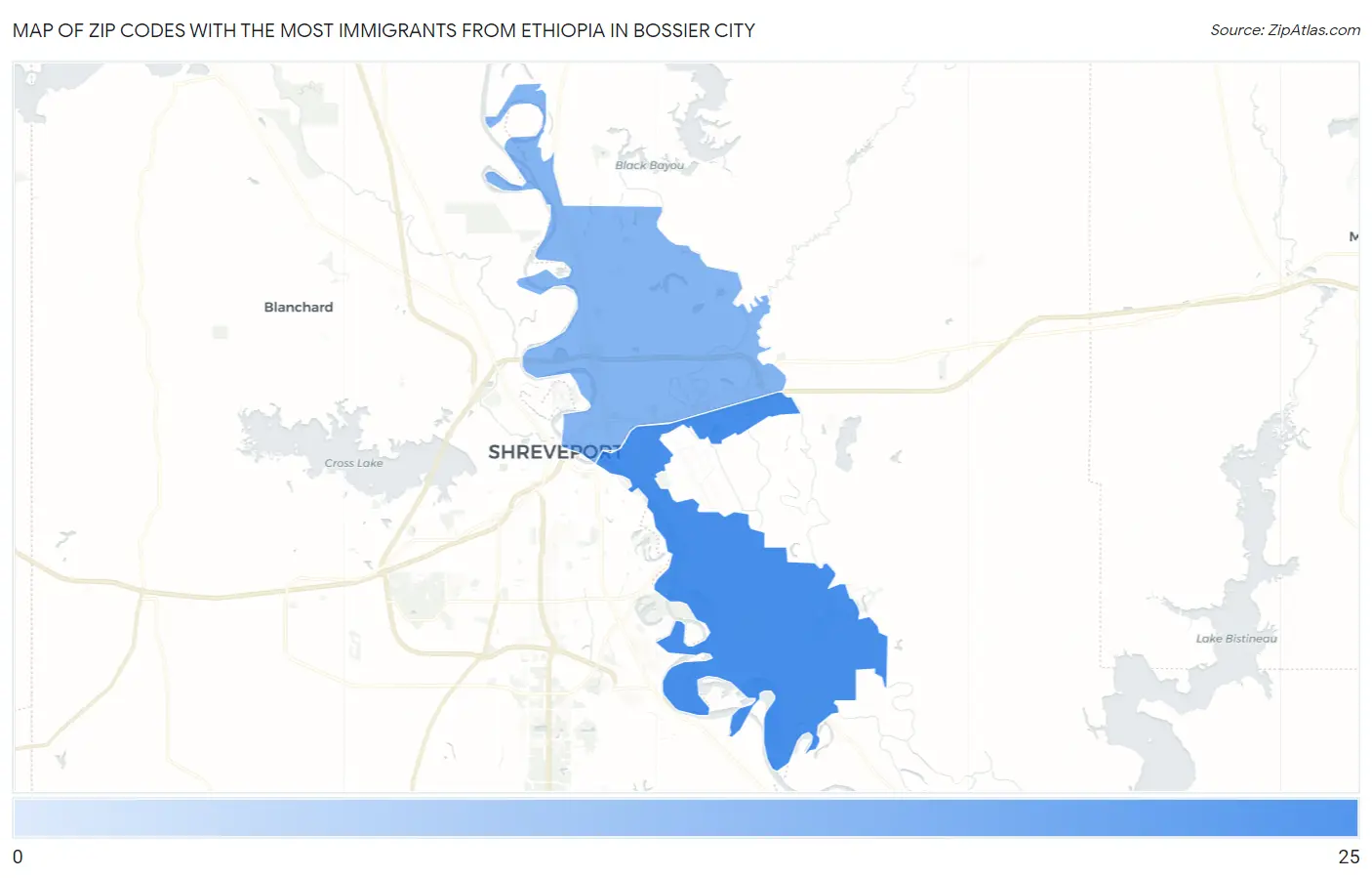 Zip Codes with the Most Immigrants from Ethiopia in Bossier City Map