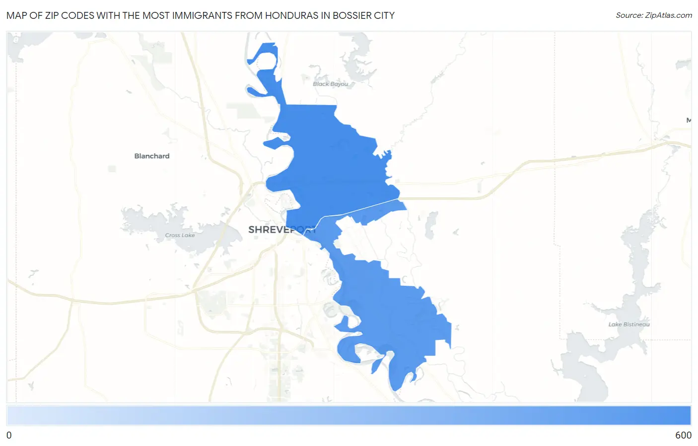 Zip Codes with the Most Immigrants from Honduras in Bossier City Map