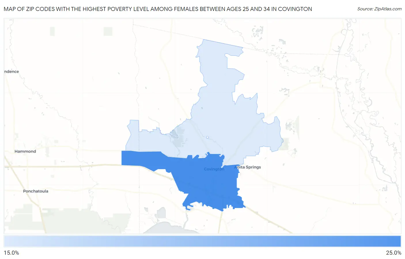 Zip Codes with the Highest Poverty Level Among Females Between Ages 25 and 34 in Covington Map