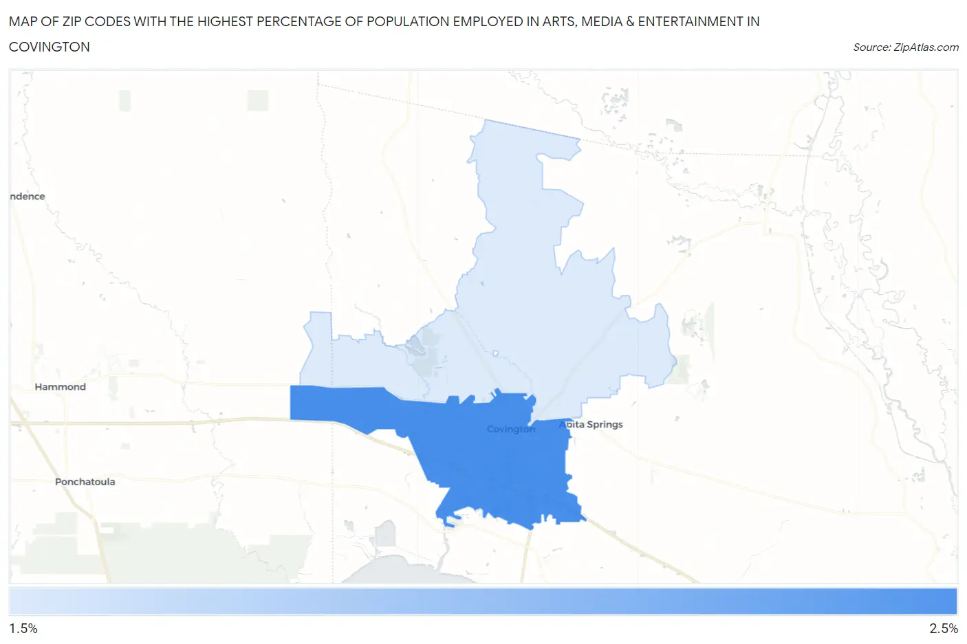 Zip Codes with the Highest Percentage of Population Employed in Arts, Media & Entertainment in Covington Map