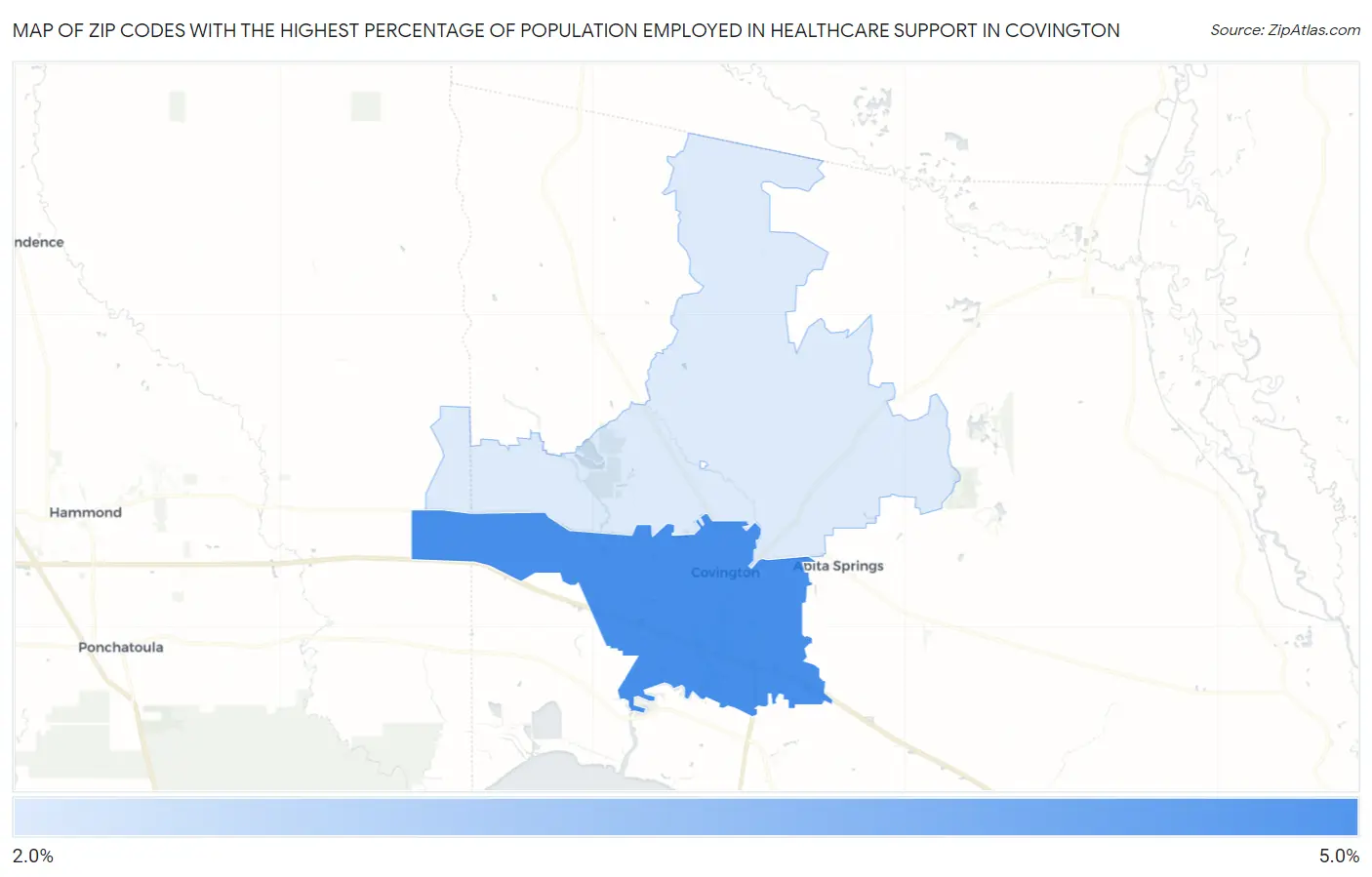 Zip Codes with the Highest Percentage of Population Employed in Healthcare Support in Covington Map
