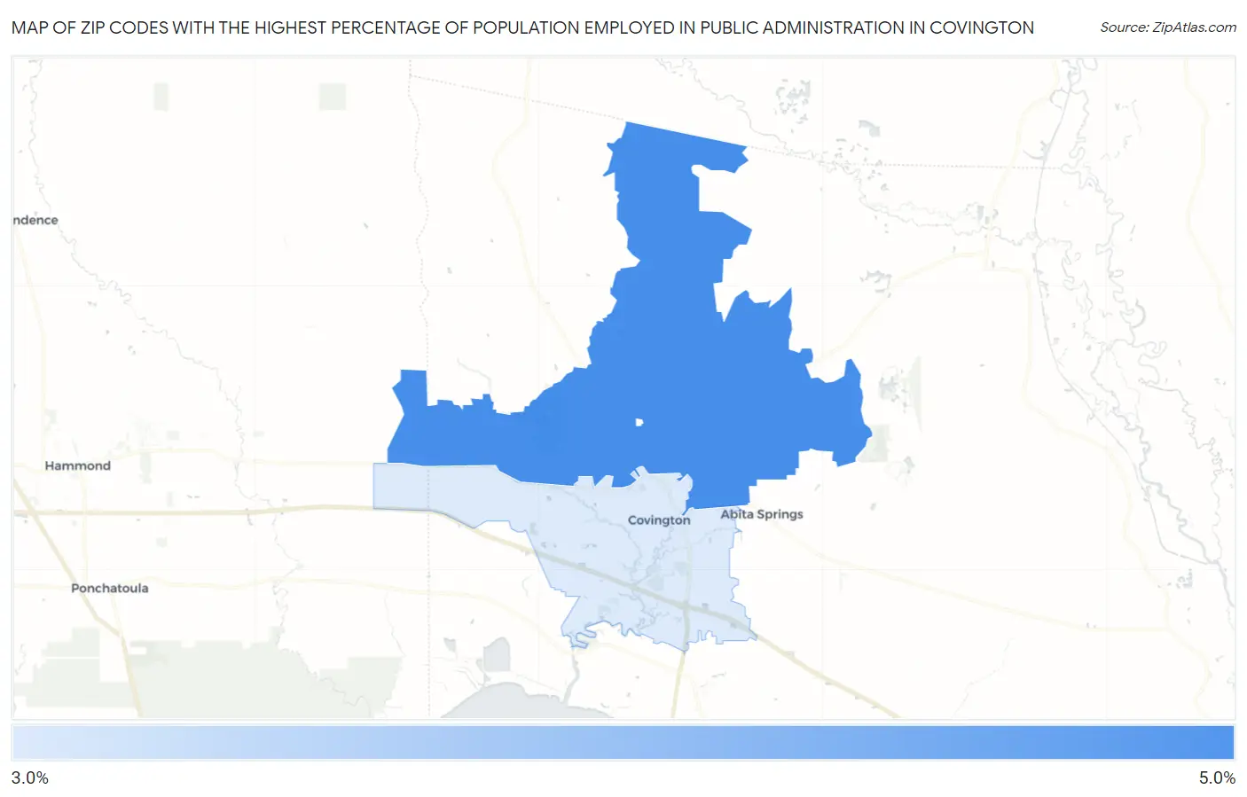 Zip Codes with the Highest Percentage of Population Employed in Public Administration in Covington Map