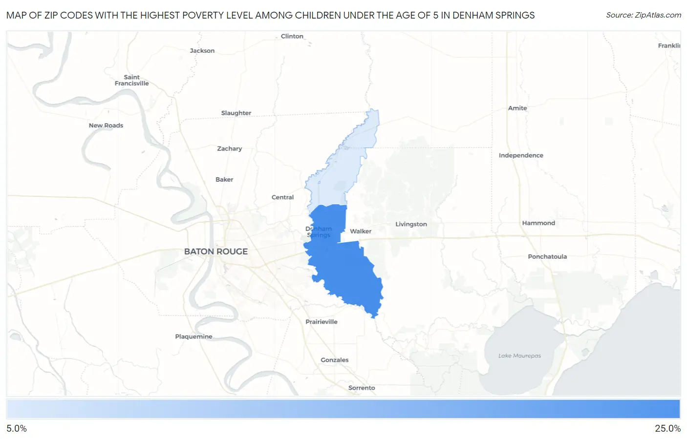 Zip Codes with the Highest Poverty Level Among Children Under the Age of 5 in Denham Springs Map