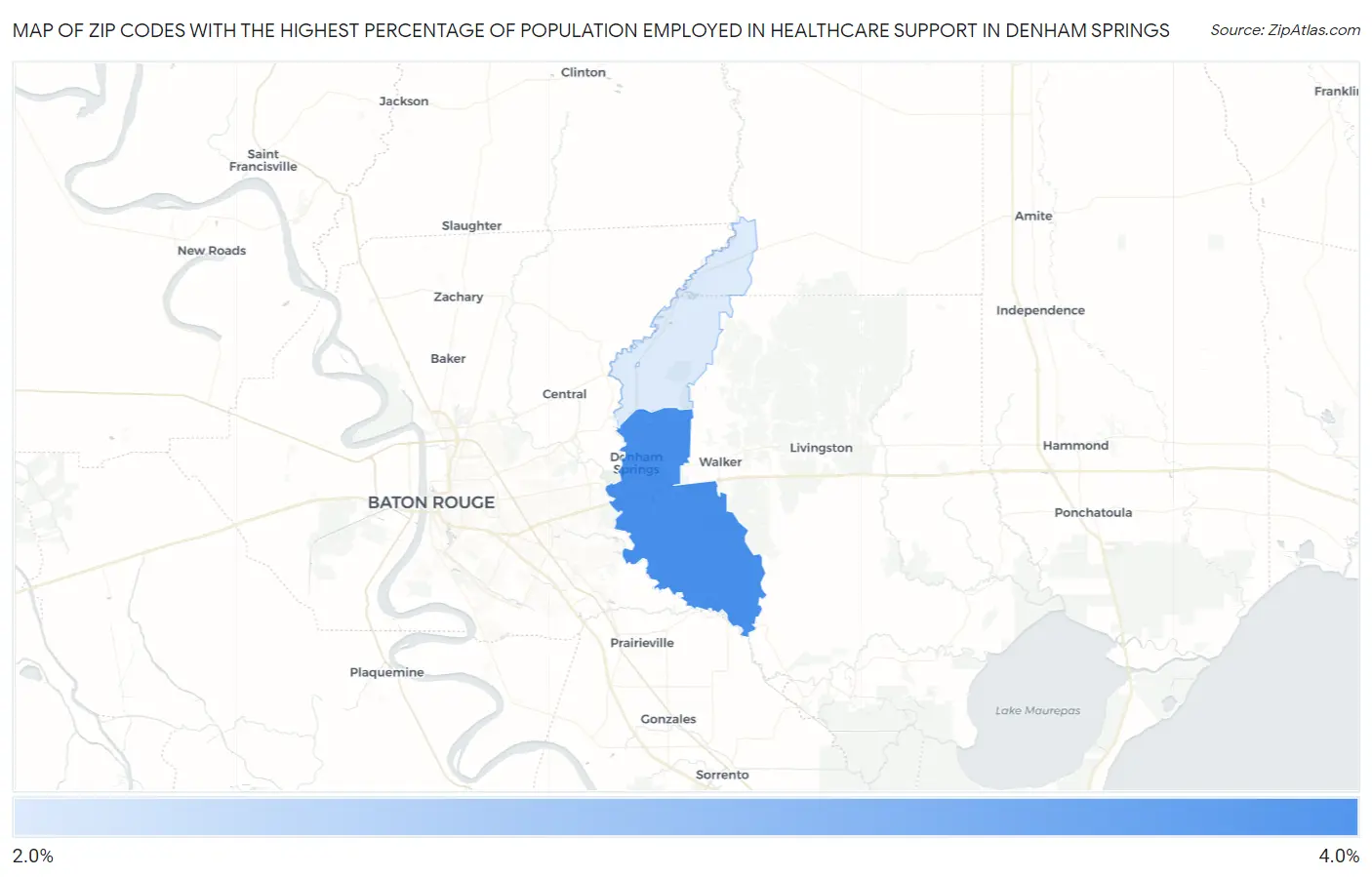 Zip Codes with the Highest Percentage of Population Employed in Healthcare Support in Denham Springs Map