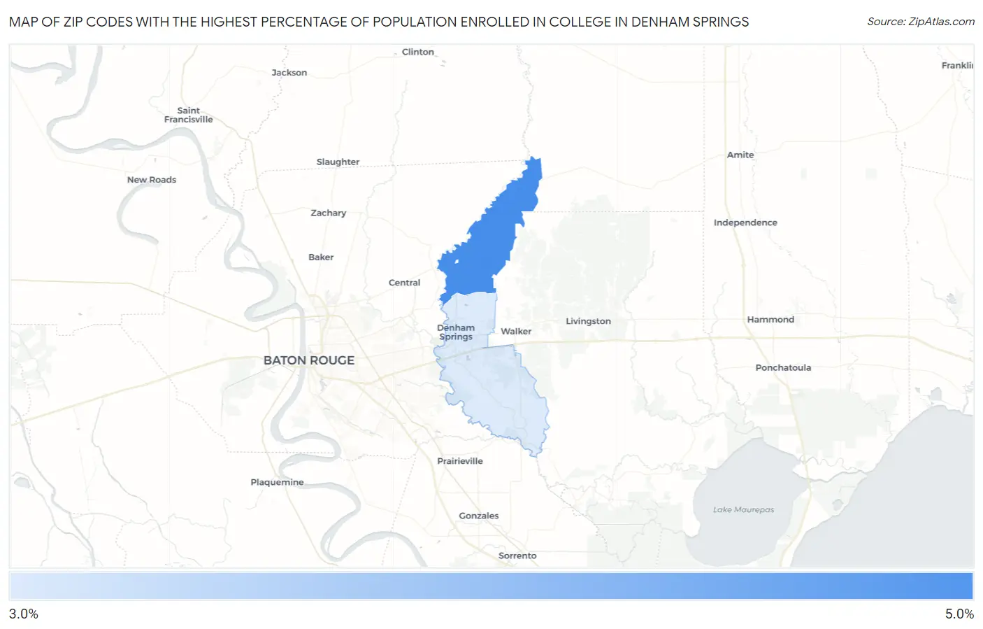 Zip Codes with the Highest Percentage of Population Enrolled in College in Denham Springs Map