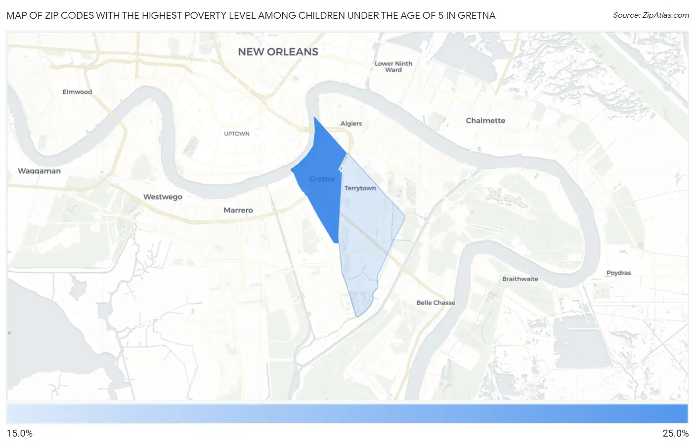 Zip Codes with the Highest Poverty Level Among Children Under the Age of 5 in Gretna Map