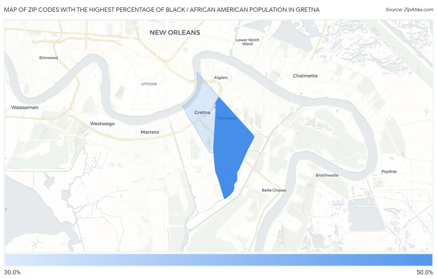 Zip Codes with the Highest Percentage of Black / African American Population in Gretna Map