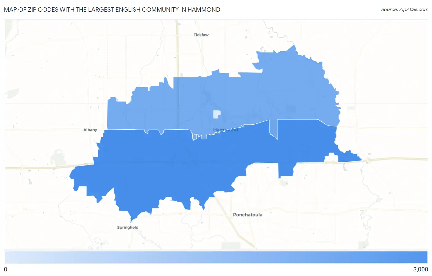 Zip Codes with the Largest English Community in Hammond Map
