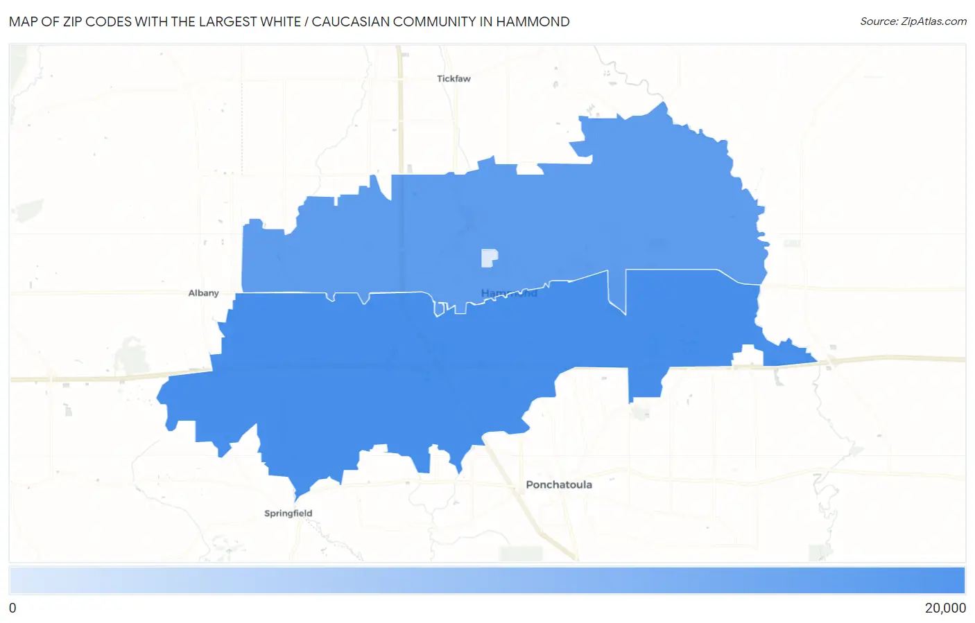 Zip Codes with the Largest White / Caucasian Community in Hammond Map