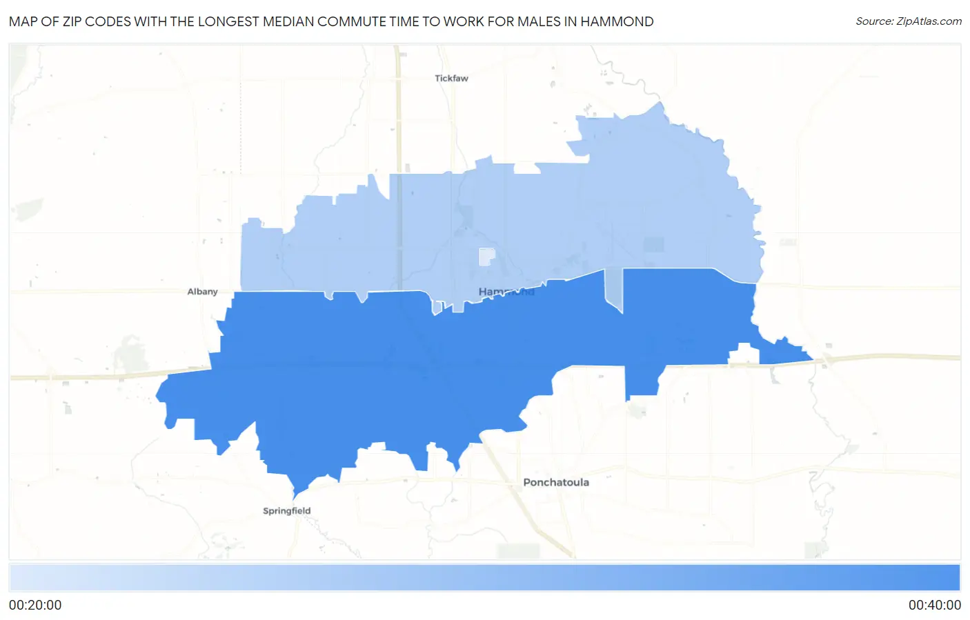 Zip Codes with the Longest Median Commute Time to Work for Males in Hammond Map
