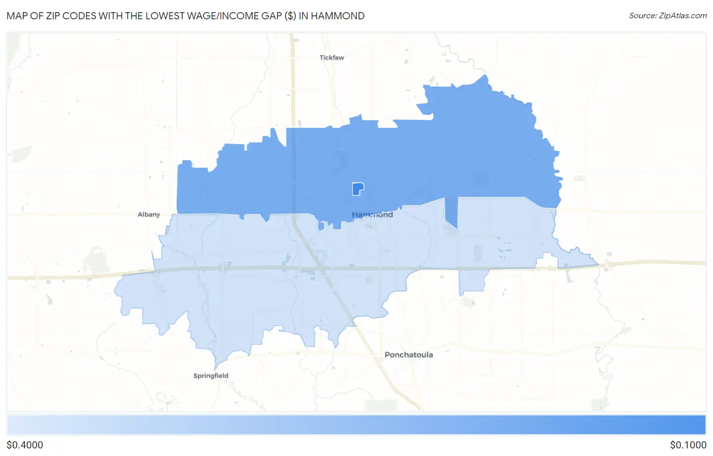 Zip Codes with the Lowest Wage/Income Gap ($) in Hammond Map