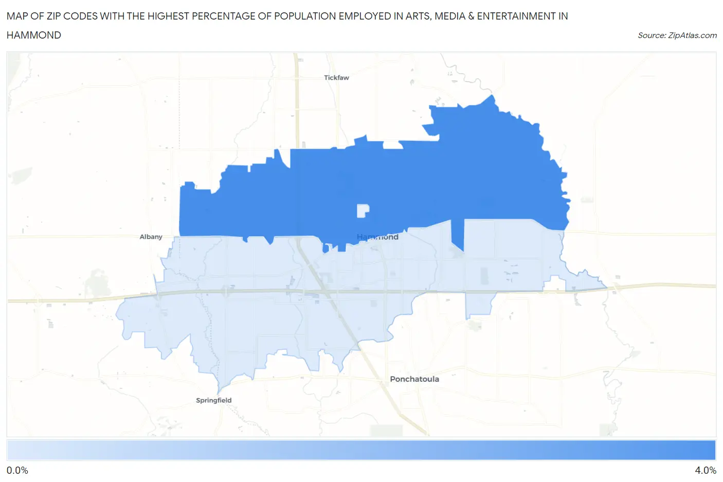 Zip Codes with the Highest Percentage of Population Employed in Arts, Media & Entertainment in Hammond Map