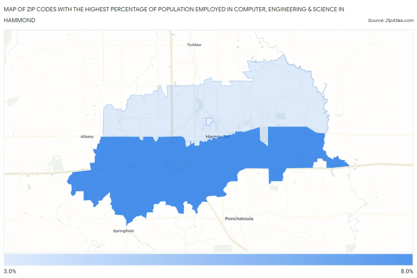 Zip Codes with the Highest Percentage of Population Employed in Computer, Engineering & Science in Hammond Map