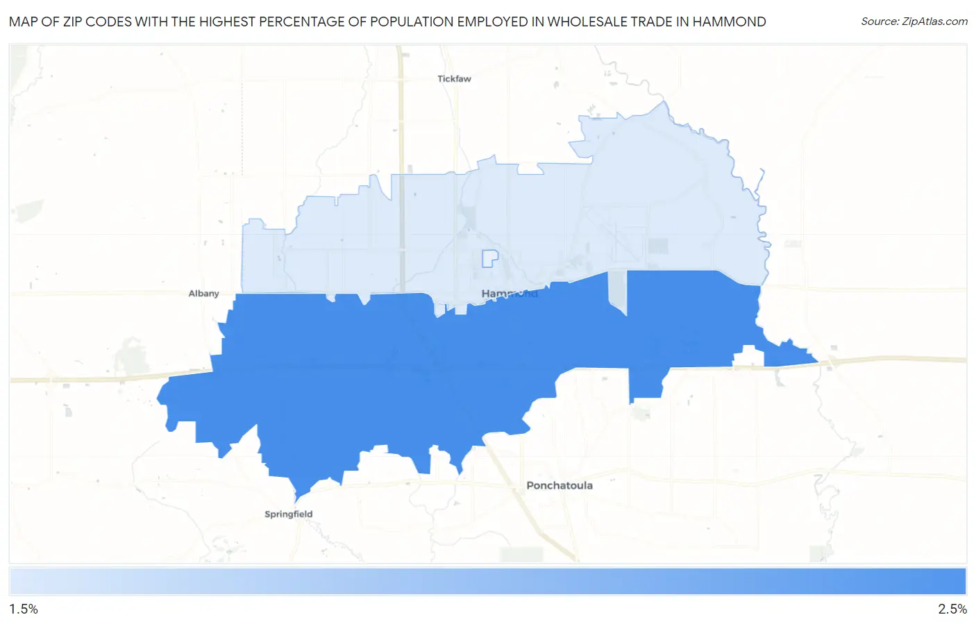 Zip Codes with the Highest Percentage of Population Employed in Wholesale Trade in Hammond Map