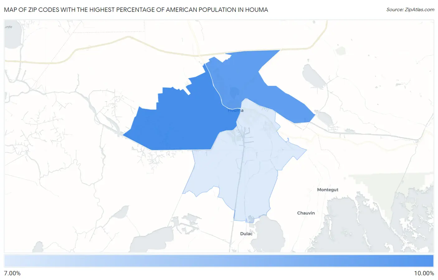 Zip Codes with the Highest Percentage of American Population in Houma Map