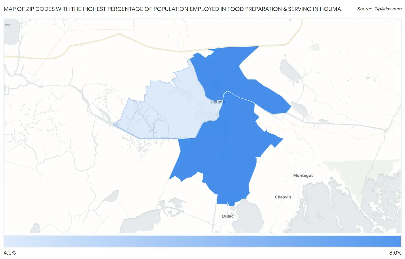 Zip Codes with the Highest Percentage of Population Employed in Food Preparation & Serving in Houma Map
