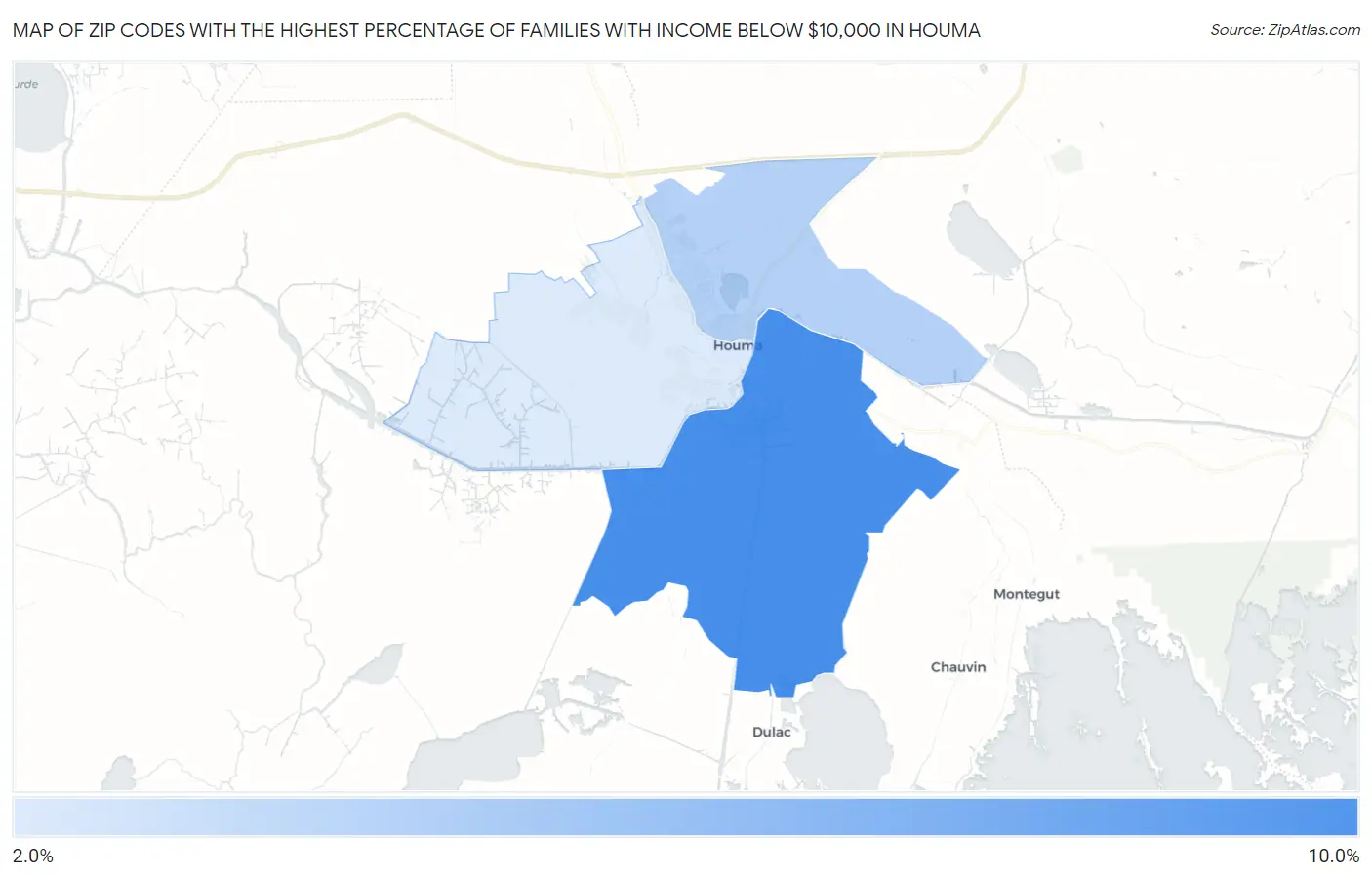 Zip Codes with the Highest Percentage of Families with Income Below $10,000 in Houma Map