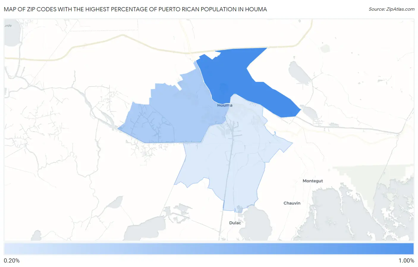 Zip Codes with the Highest Percentage of Puerto Rican Population in Houma Map