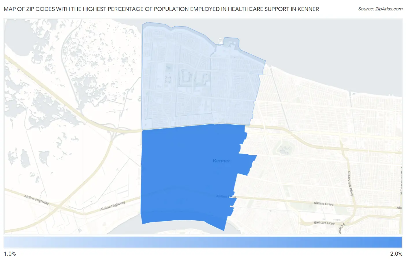 Zip Codes with the Highest Percentage of Population Employed in Healthcare Support in Kenner Map