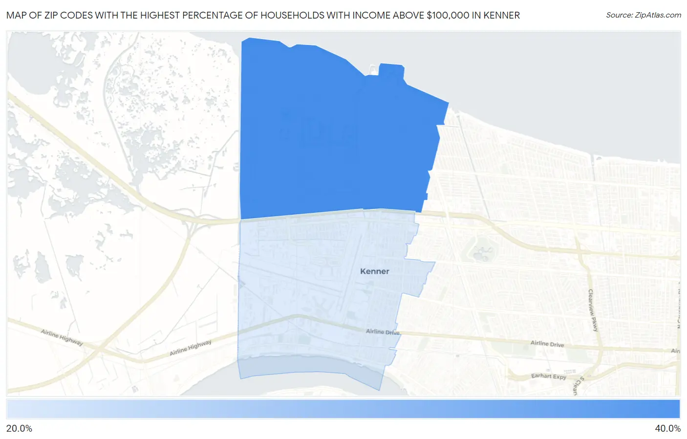 Zip Codes with the Highest Percentage of Households with Income Above $100,000 in Kenner Map