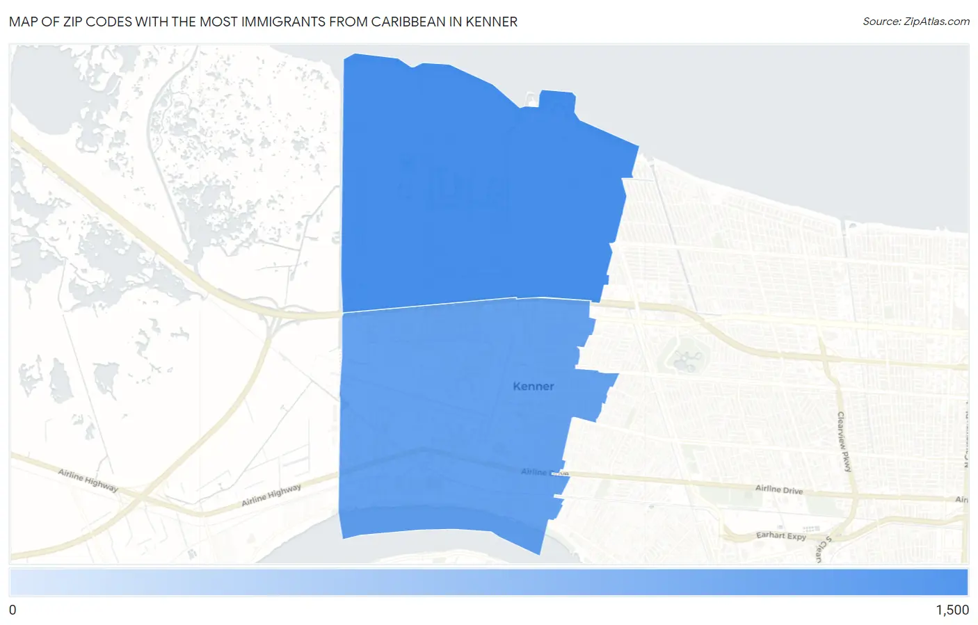 Zip Codes with the Most Immigrants from Caribbean in Kenner Map