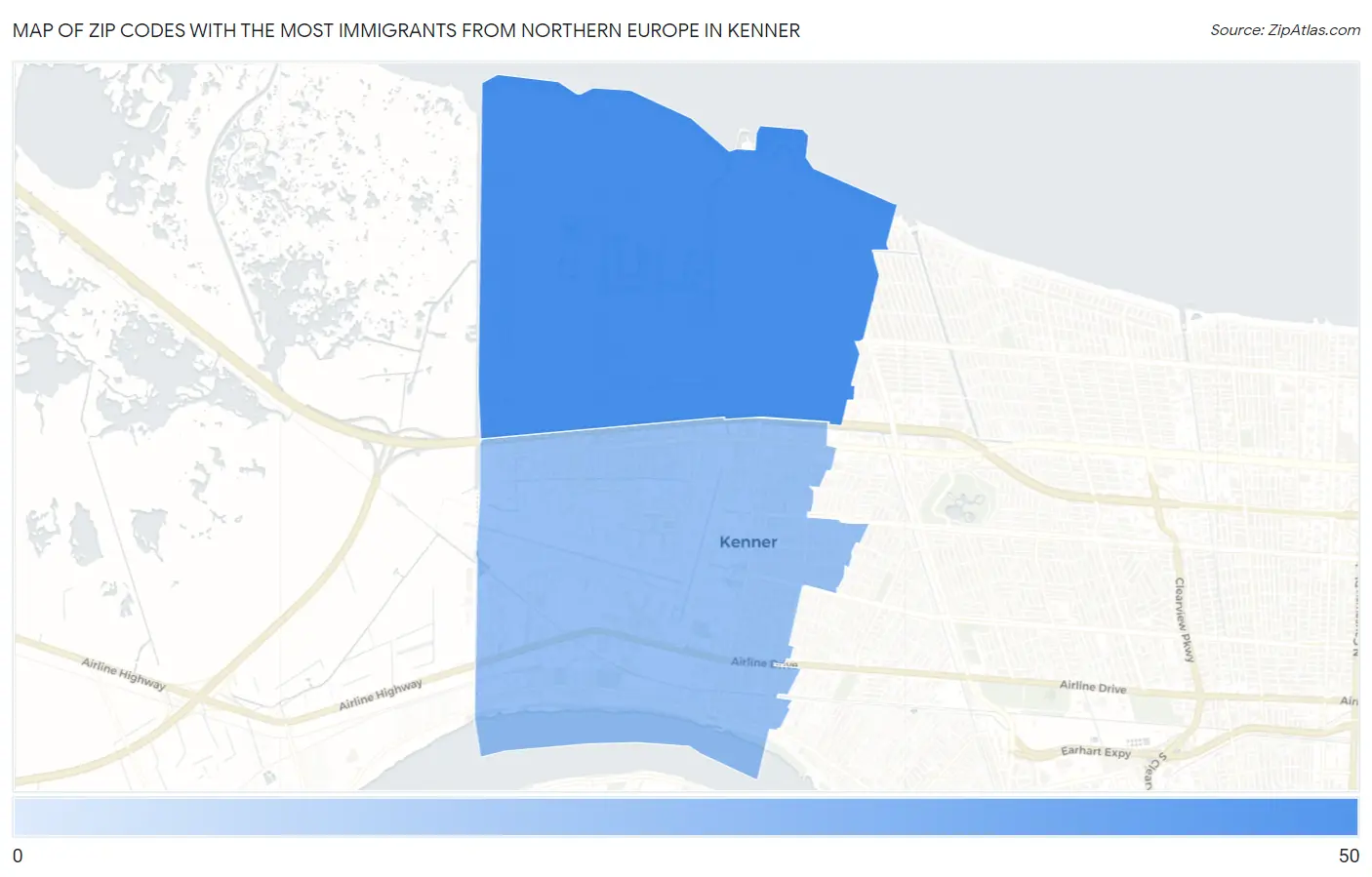 Zip Codes with the Most Immigrants from Northern Europe in Kenner Map