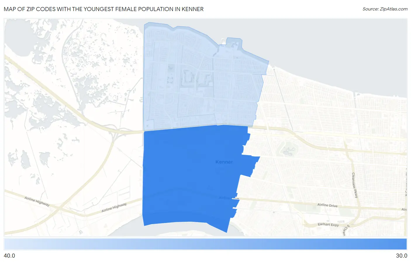 Zip Codes with the Youngest Female Population in Kenner Map