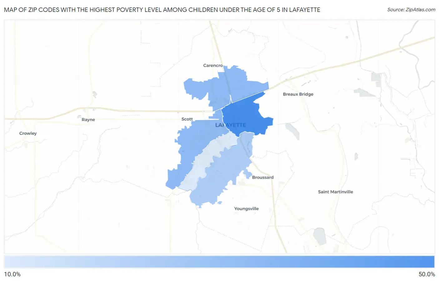 Zip Codes with the Highest Poverty Level Among Children Under the Age of 5 in Lafayette Map