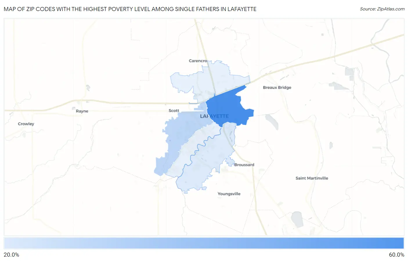 Zip Codes with the Highest Poverty Level Among Single Fathers in Lafayette Map