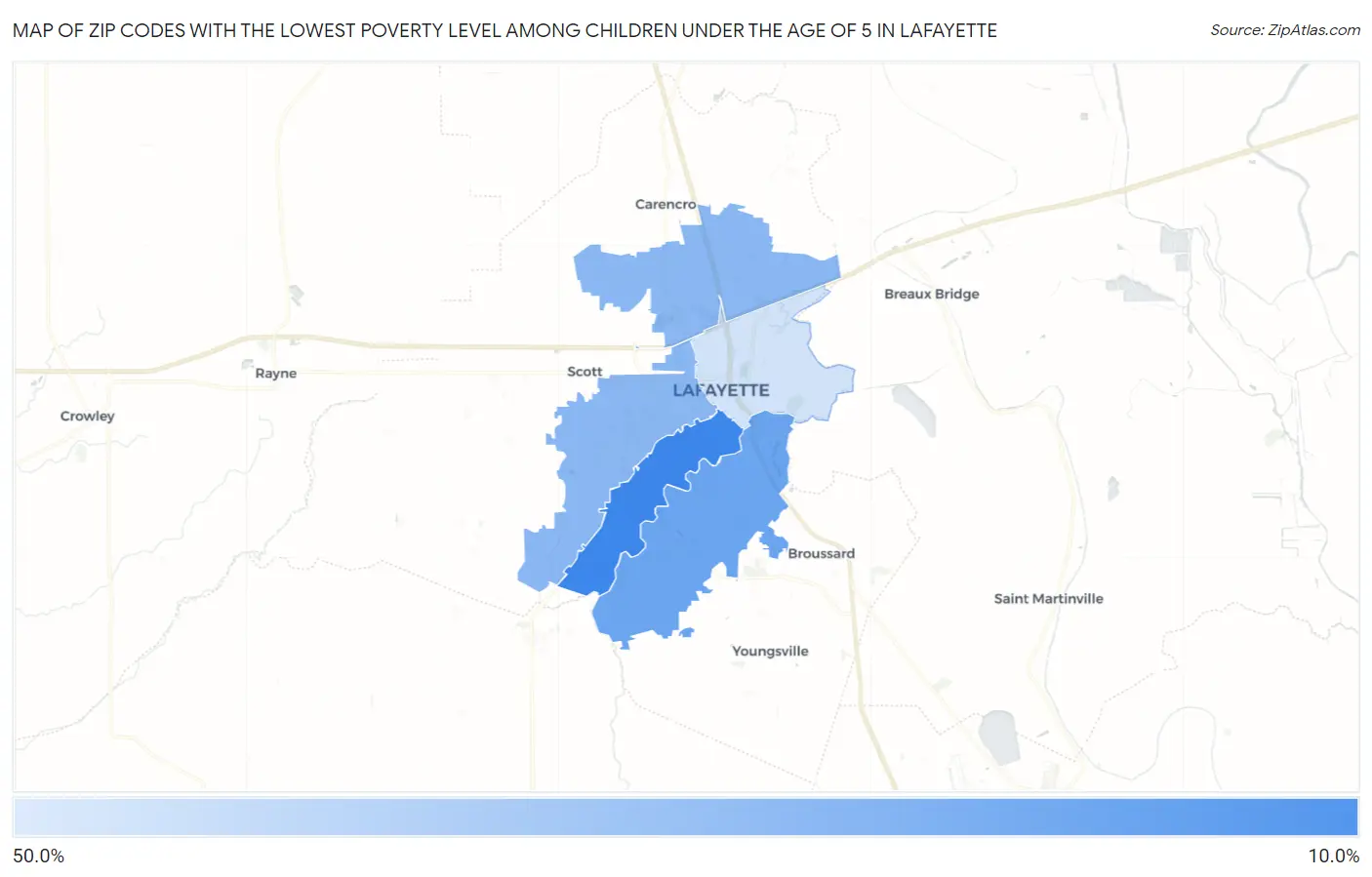 Zip Codes with the Lowest Poverty Level Among Children Under the Age of 5 in Lafayette Map