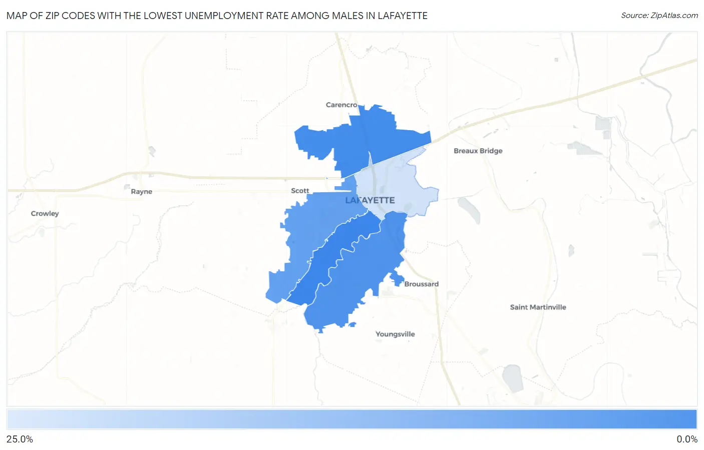 Zip Codes with the Lowest Unemployment Rate Among Males in Lafayette Map
