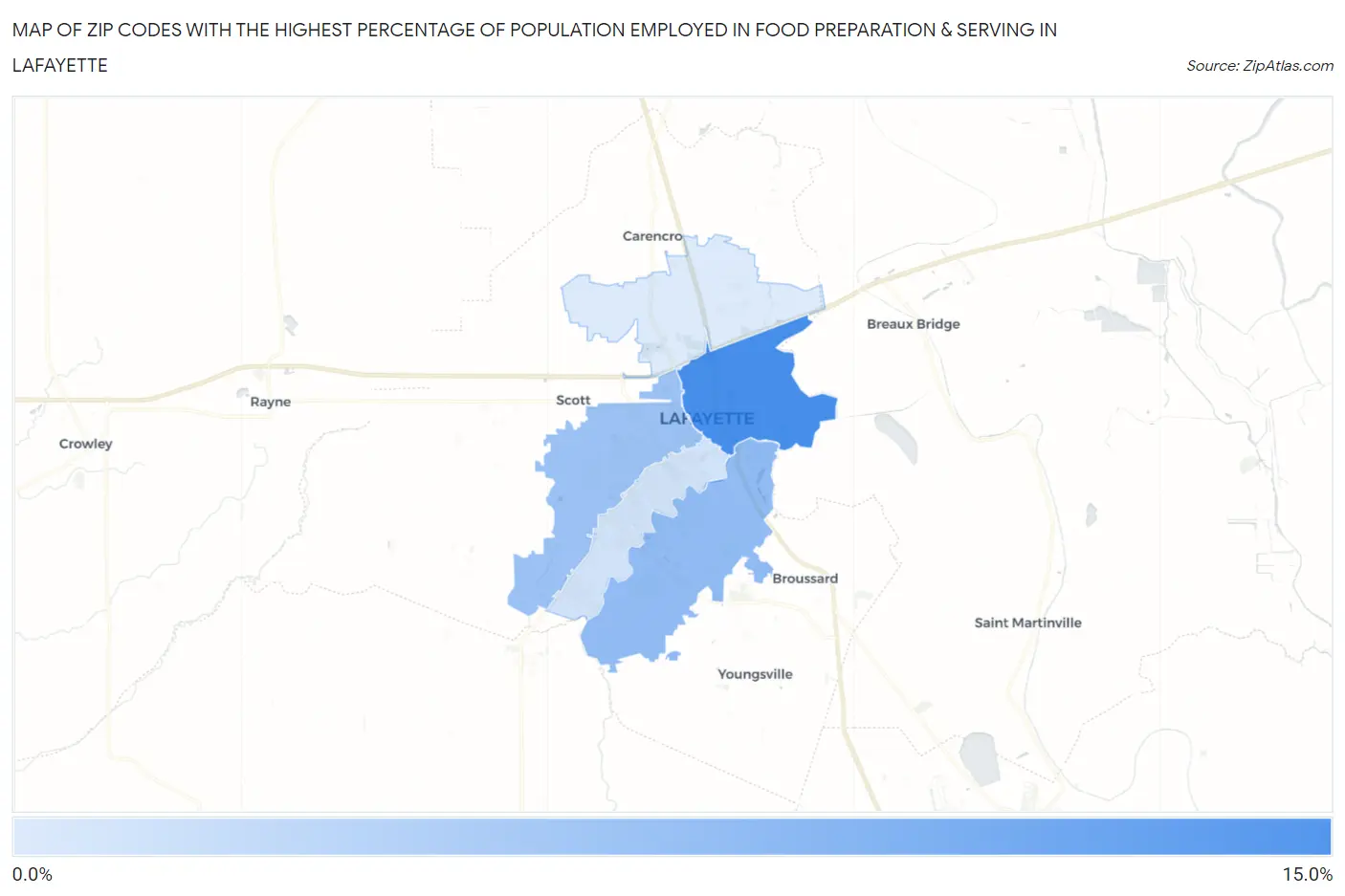 Zip Codes with the Highest Percentage of Population Employed in Food Preparation & Serving in Lafayette Map