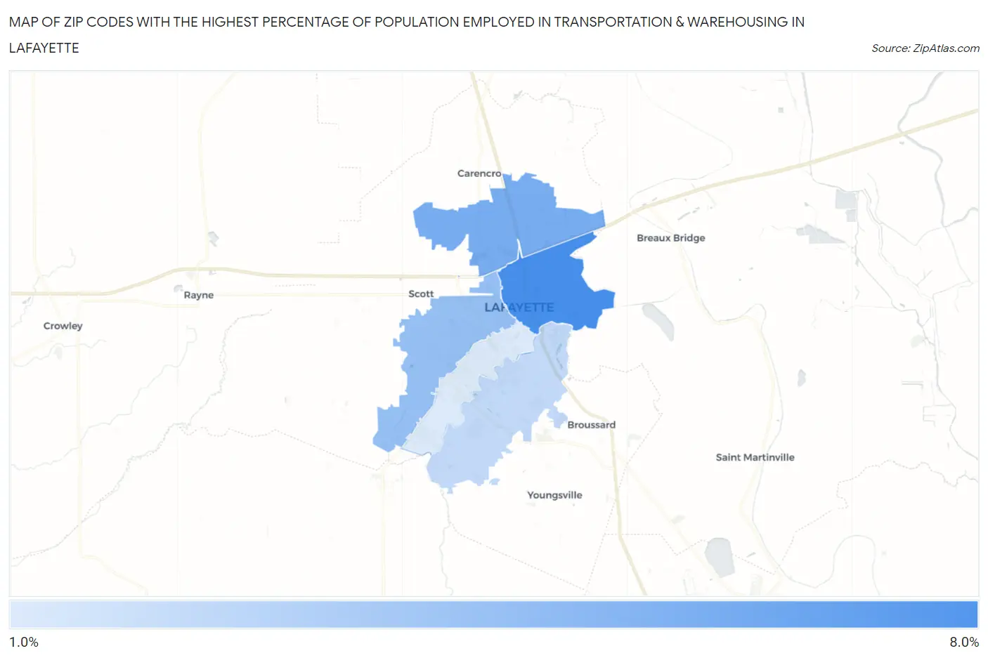 Zip Codes with the Highest Percentage of Population Employed in Transportation & Warehousing in Lafayette Map