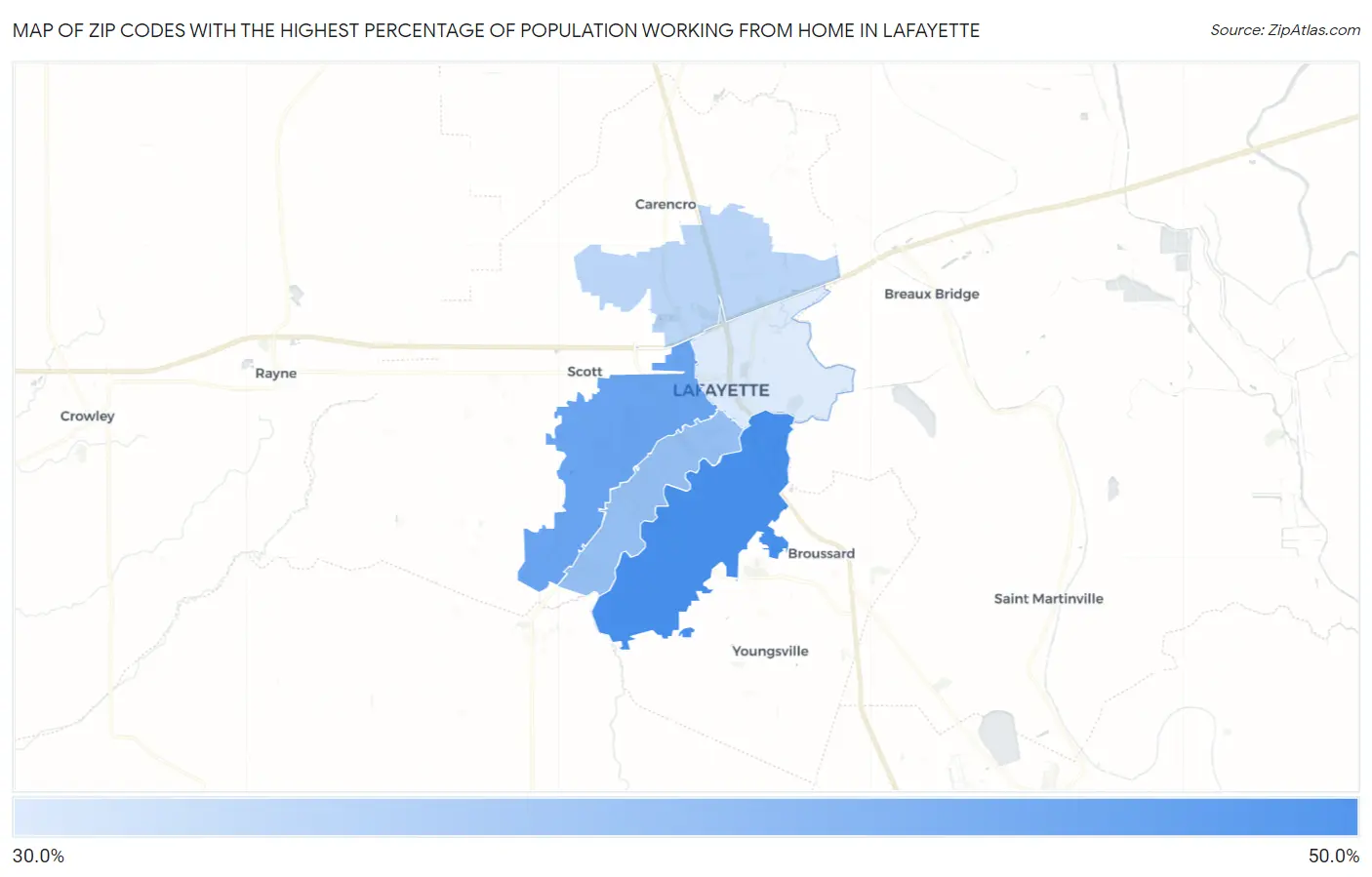 Zip Codes with the Highest Percentage of Population Working from Home in Lafayette Map