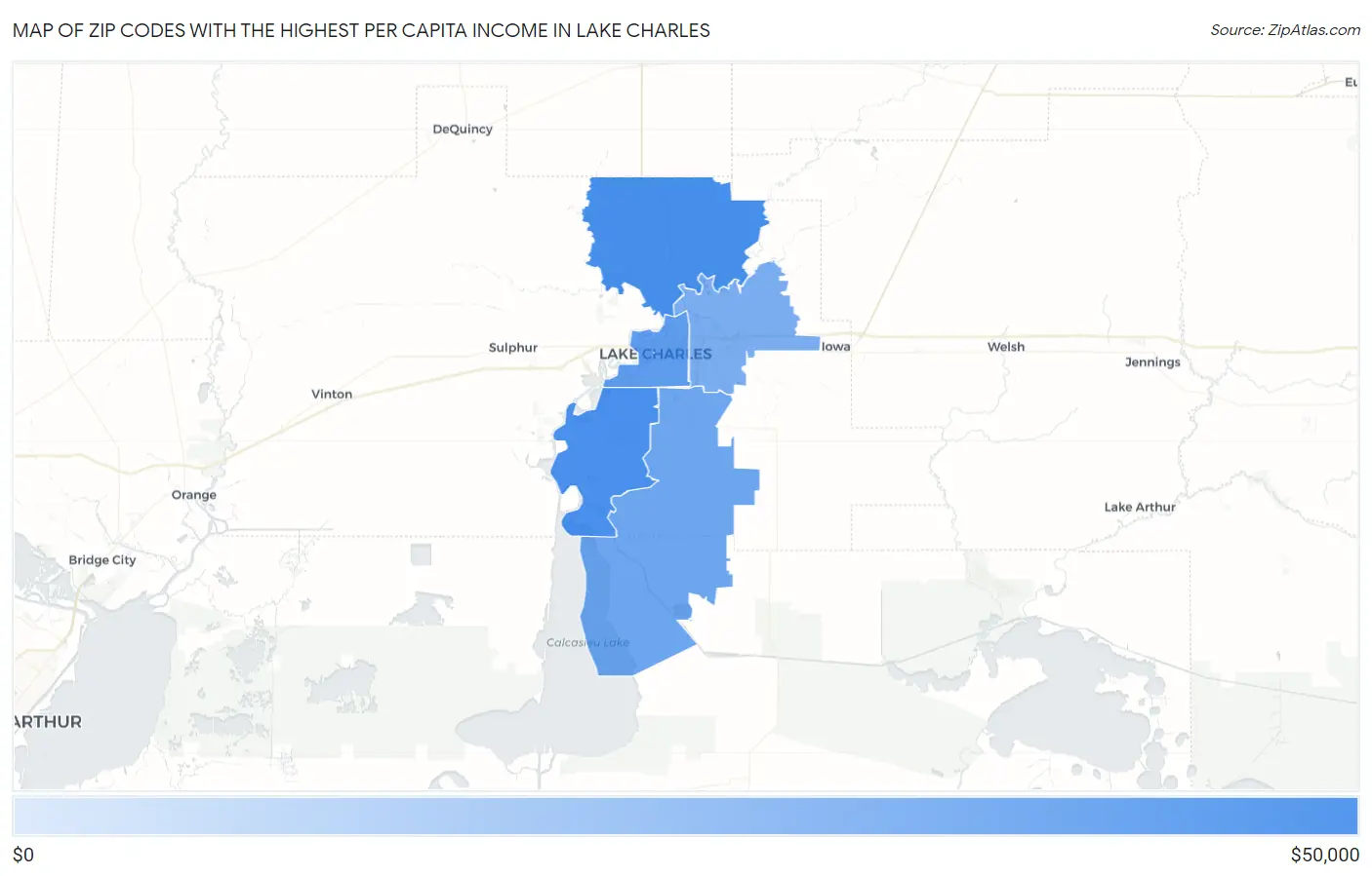 Zip Codes with the Highest Per Capita Income in Lake Charles Map