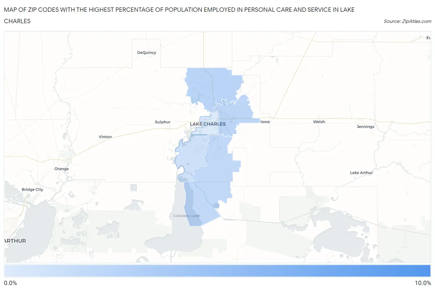 Zip Codes with the Highest Percentage of Population Employed in Personal Care and Service in Lake Charles Map