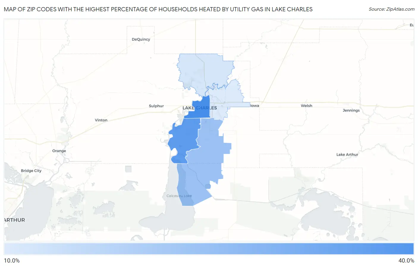 Zip Codes with the Highest Percentage of Households Heated by Utility Gas in Lake Charles Map