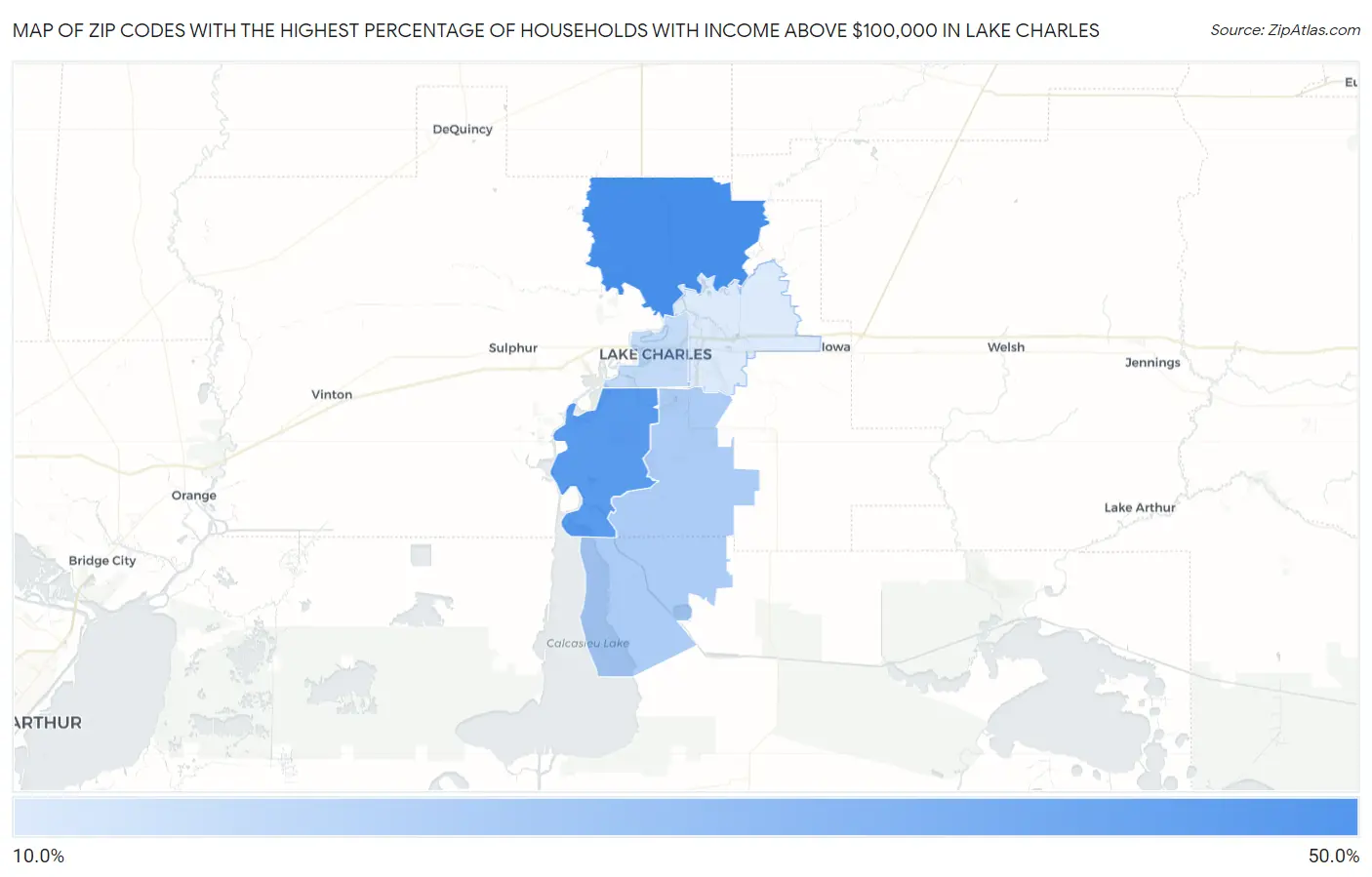 Zip Codes with the Highest Percentage of Households with Income Above $100,000 in Lake Charles Map