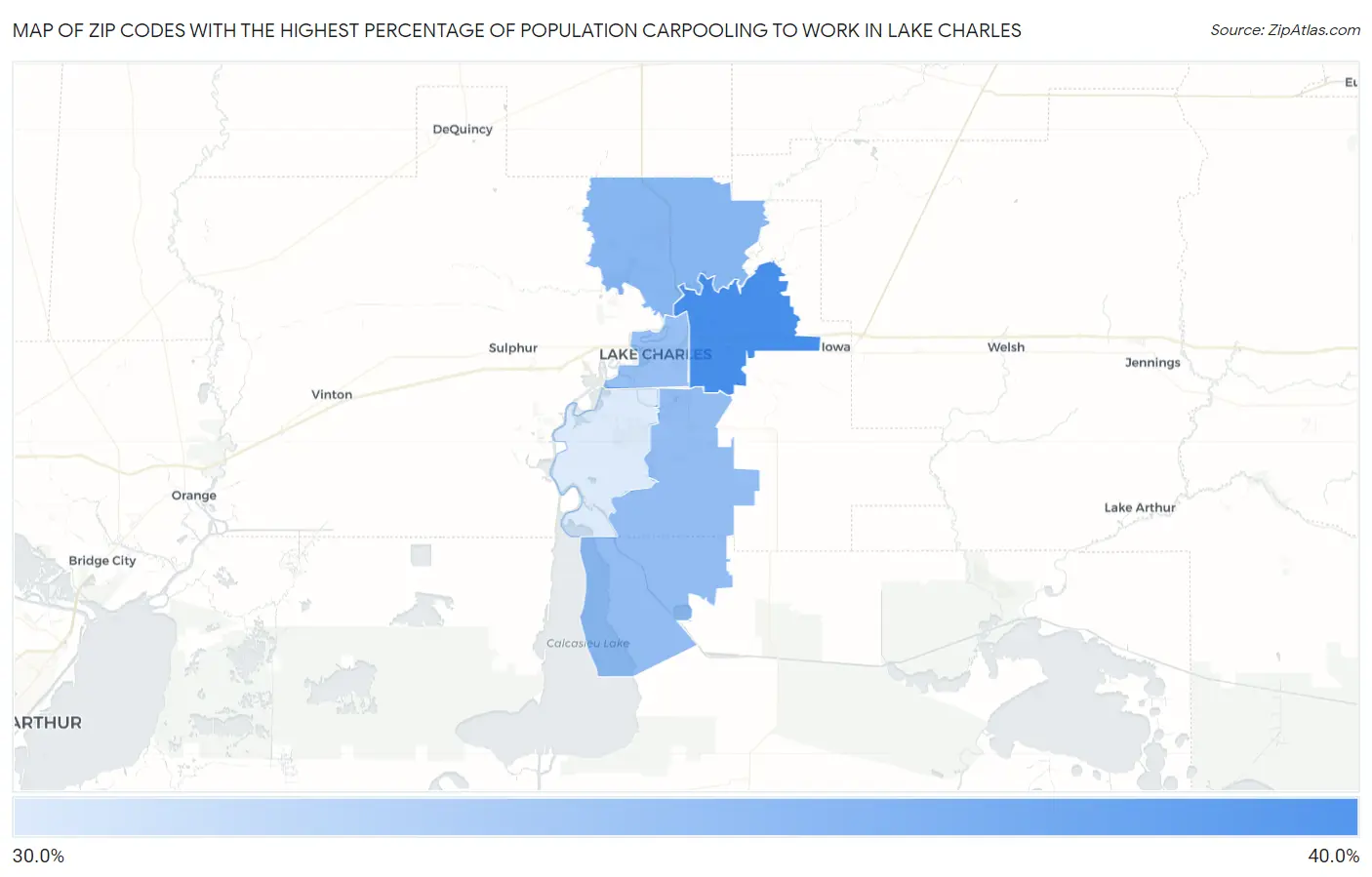 Zip Codes with the Highest Percentage of Population Carpooling to Work in Lake Charles Map