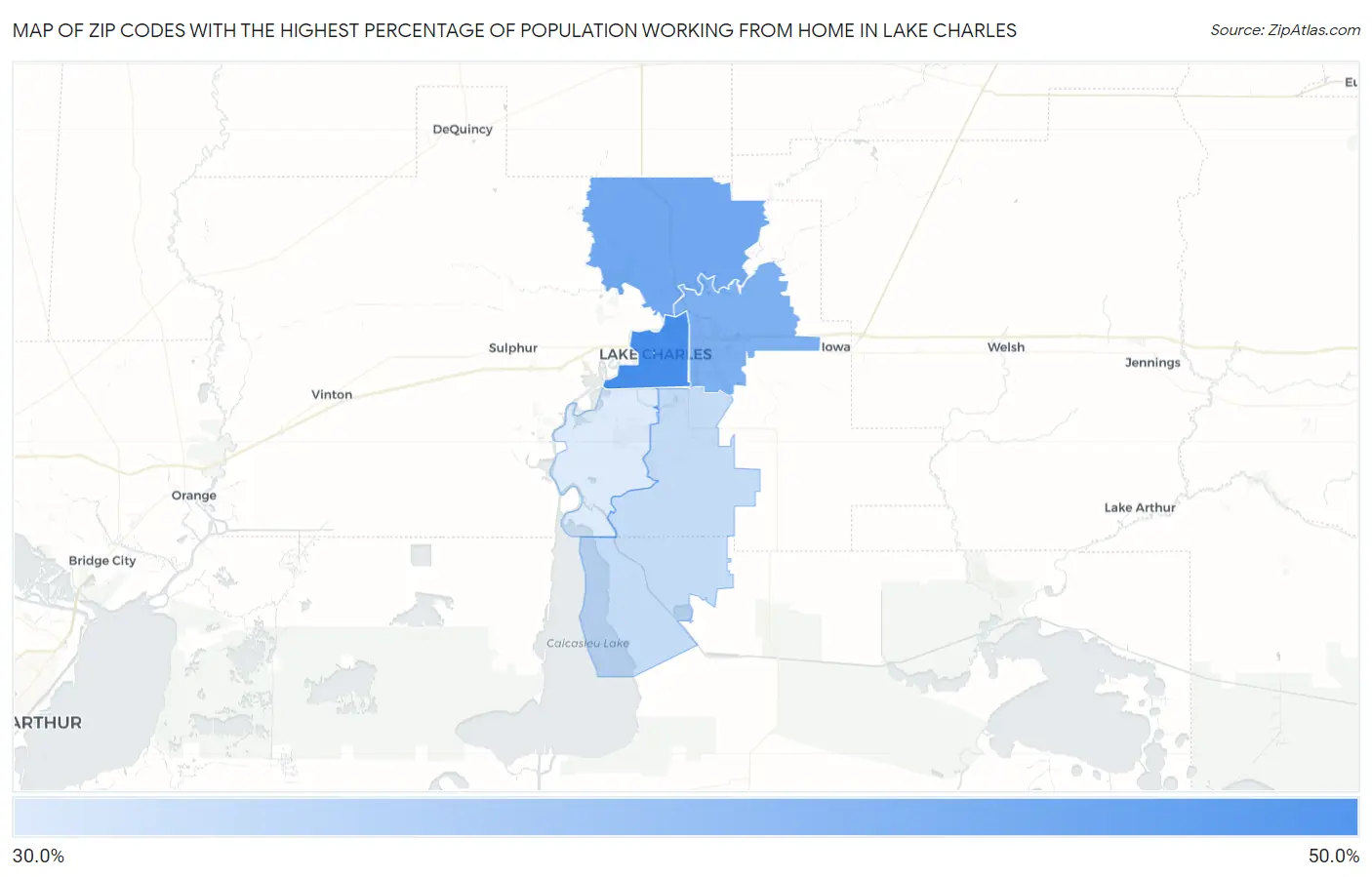 Zip Codes with the Highest Percentage of Population Working from Home in Lake Charles Map